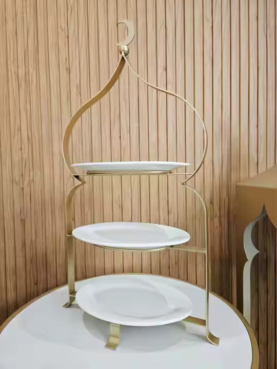 Masjid Shaped 3 Tiers  with plate Ceramic Gold Metal Cake Stand for Ramadan  by lux dishes