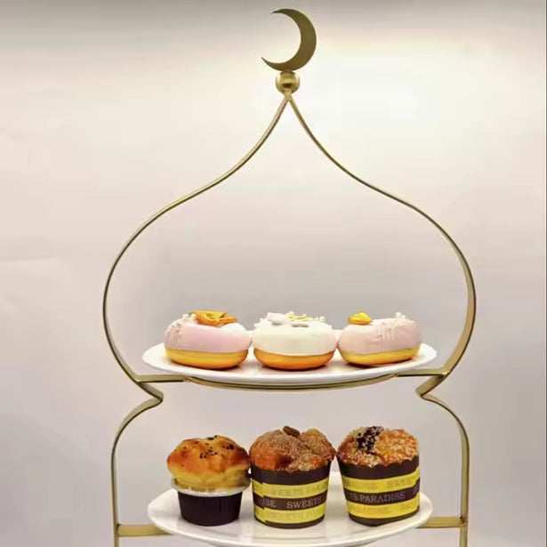 Masjid Shaped 3 Tiers  with plate Ceramic Gold Metal Cake Stand for Ramadan  by lux dishes